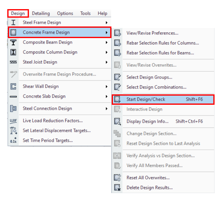 Design→ Concrete Frame Design→ Start Design/Check →